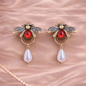 Vintage Luxury Honeybee Gold Red Pearl Drop Earrings